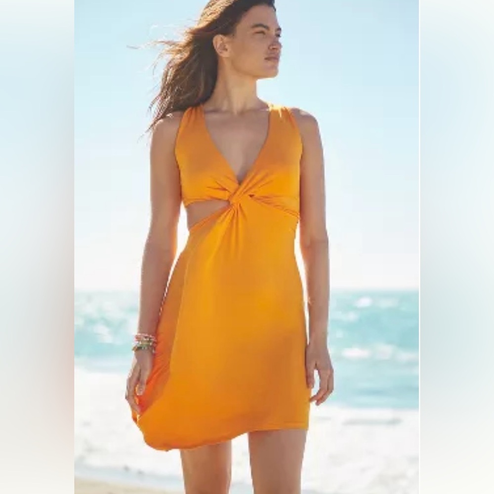 Anthropologie orange asymmetrical halter mini dress